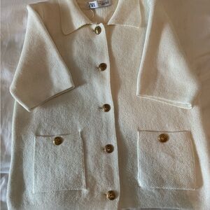 Zara Off-White Teddy Jacket with Gold Buttons
